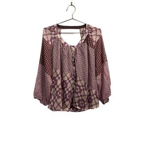 Anthropologie Babakul Lavender Mixed Print Silk Open Back Blouse M